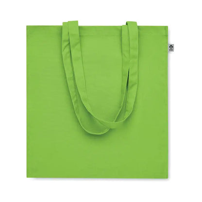 Geanta de cumparaturi din bumbac organic verde lime cu manere asortate si eticheta mica pe colt