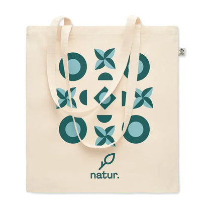 Geanta de cumparaturi din bumbac organic bej cu model geometric teal si logo natur