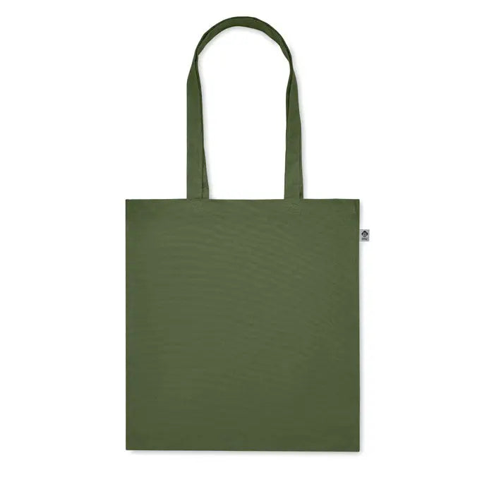 Geanta de cumparaturi din bumbac organic olive green cu manere asortate si eticheta mica in colt