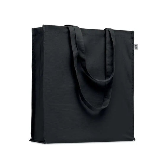 Geanta de cumparaturi din bumbac organic neagra cu manere rezistente si design minimalist din panza