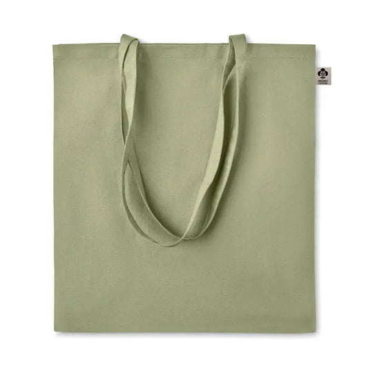 Geanta de cumparaturi din bumbac organic verde olive deschis cu manere din material si eticheta de certificare organica