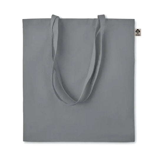 Geanta de cumparaturi din bumbac organic gri minimalist cu manere din acelasi material si eticheta mica de brand