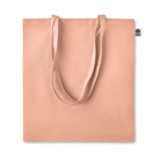 Geanta de cumparaturi din bumbac organic moale, culoare piersica, cu manere din acelasi material si eticheta mica