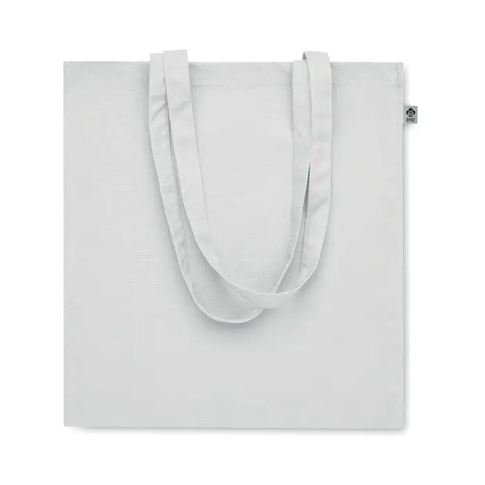 Geanta de cumparaturi din bumbac organic minimalista off-white cu manere solide din acelasi material si eticheta mica