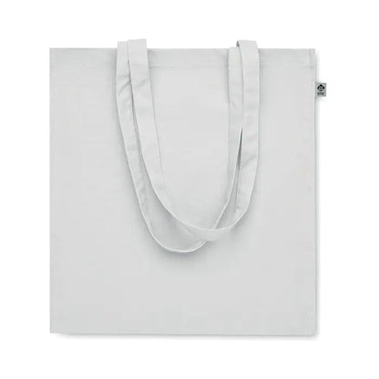 Geanta de cumparaturi din bumbac organic minimalista off-white cu manere solide din acelasi material si eticheta mica