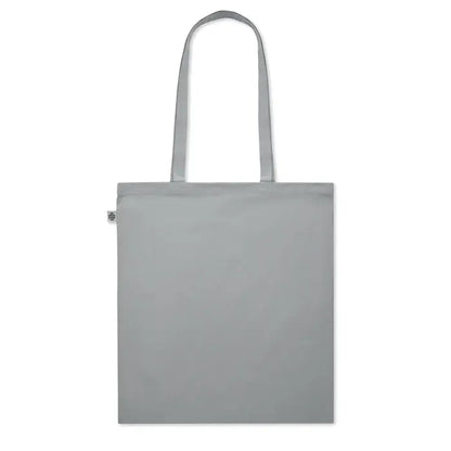 Geanta de cumpărături din bumbac organic gri minimalistă cu mânere asortate și etichetă de brand mică pe lateral