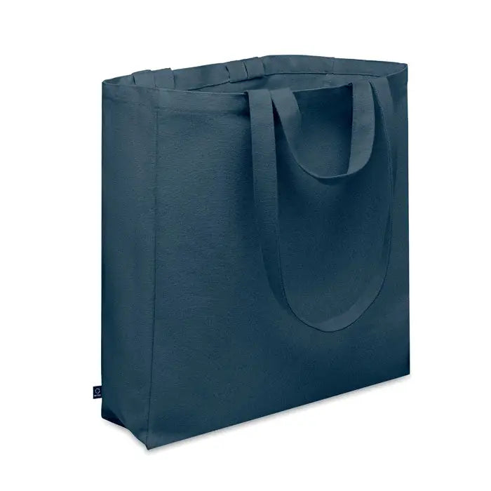 Geanta de cumparaturi din bumbac reciclat albastru teal inchis cu manere rezistente si design minimalist