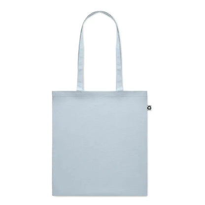 Geanta de cumparaturi din bumbac reciclat bleu cu manere asortate si eticheta mica neagra reciclare
