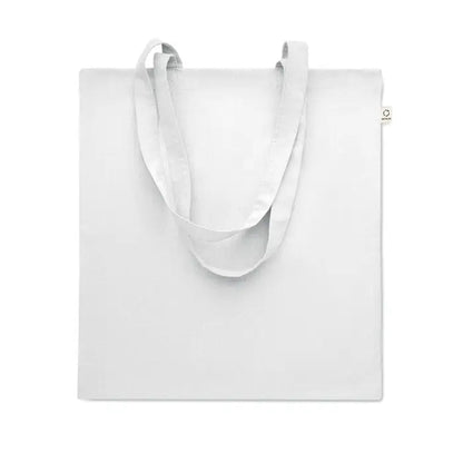 Geanta de cumparaturi din bumbac reciclat alba cu manere asortate si eticheta mica de brand pe lateral