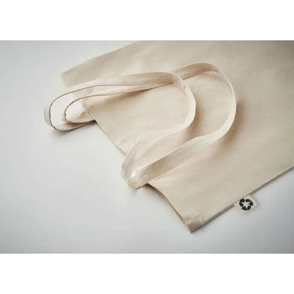 Geanta de cumparaturi din bumbac reciclat beige din panza cu manere intarite si eticheta mica reciclata