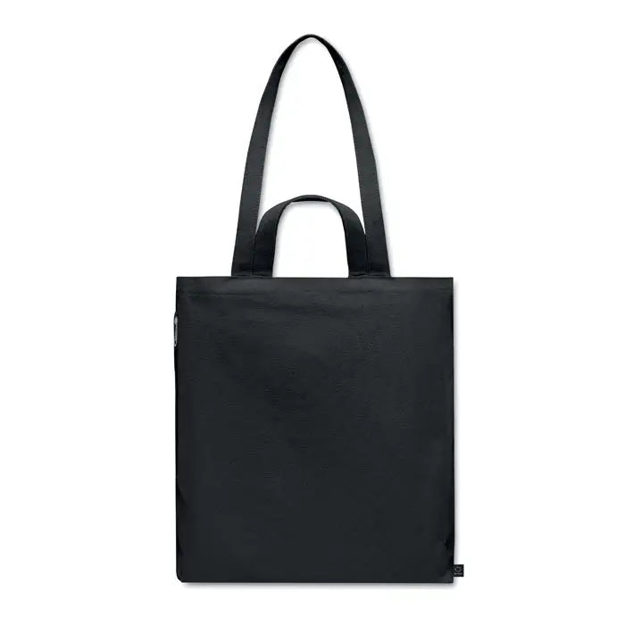 Geanta de cumparaturi din bumbac reciclat neagra cu manere rezistente si design minimalist din panza