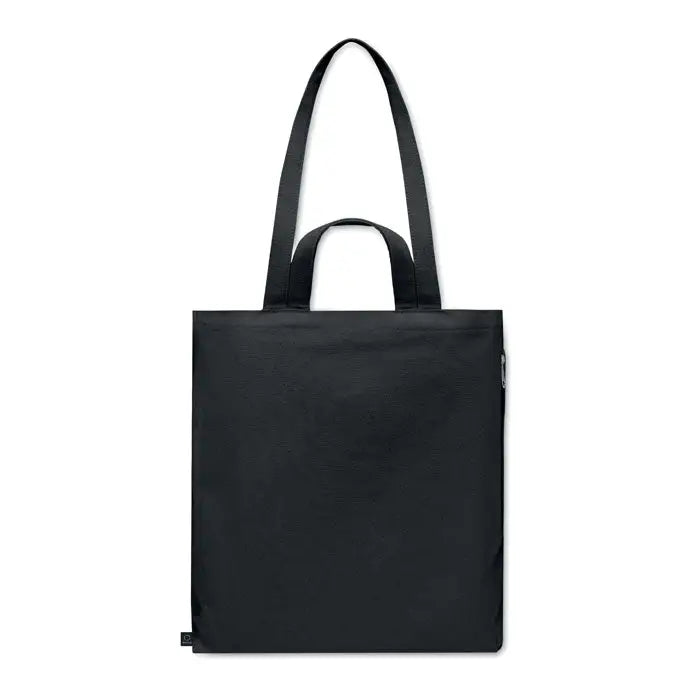 Geanta de cumparaturi din bumbac reciclat neagra cu manere rezistente si design minimalist din panza