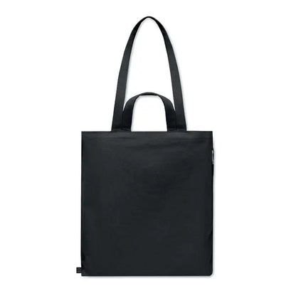 Geanta de cumparaturi din bumbac reciclat neagra cu manere rezistente si design minimalist din panza