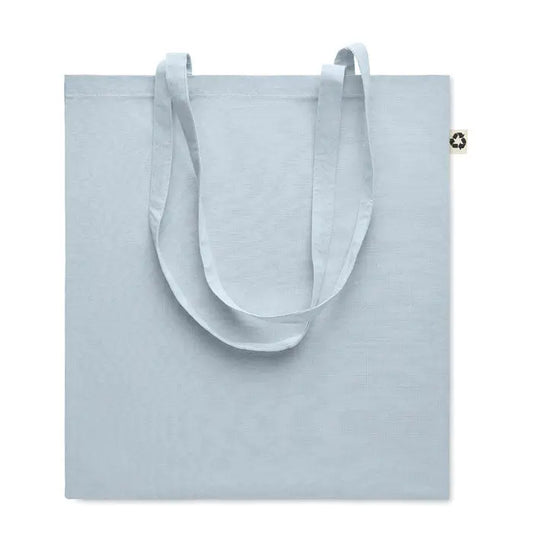 Geanta de cumparaturi din bumbac reciclat bleu cu manere asortate si eticheta mica reciclata