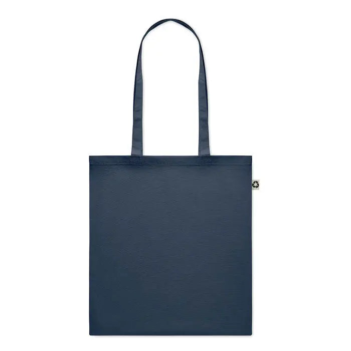 Geanta de cumparaturi din bumbac reciclat navy blue cu manere asortate si eticheta circulara pe partea laterala