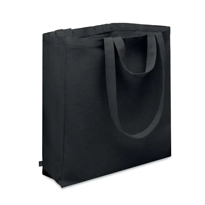Geanta de cumparaturi din bumbac reciclat neagra cu manere rezistente si design minimalist din panza