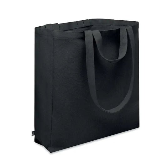 Geanta de cumparaturi din bumbac reciclat neagra cu manere rezistente si design minimalist din panza