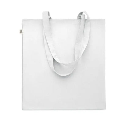 Geanta de cumparaturi din bumbac reciclat alba cu manere rezistente si design minimalist din panza