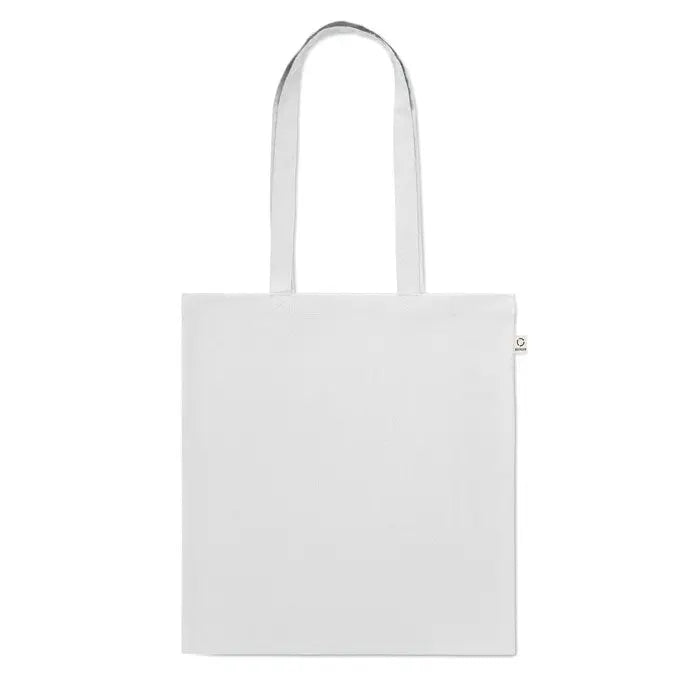 Geanta de cumparaturi din bumbac reciclat alb cu manere asortate si eticheta mica pe laterala