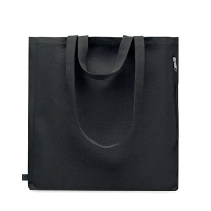 Geanta de cumparaturi din bumbac reciclat neagra cu manere rezistente si fermoar argintiu robust