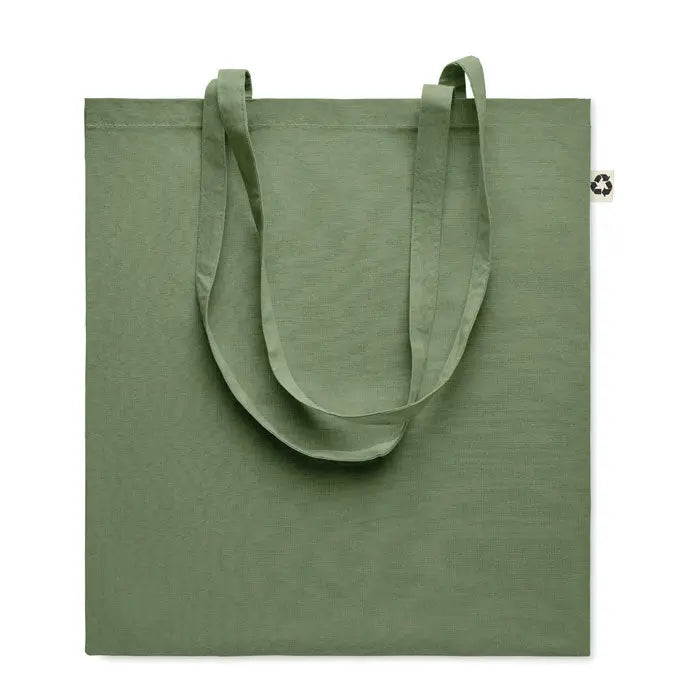 Geanta de cumparaturi din bumbac reciclat olive verde cu manere asortate si eticheta mica reciclata