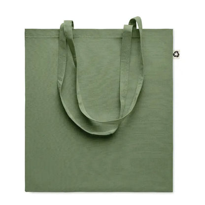 Geanta de cumparaturi din bumbac reciclat olive verde cu manere asortate si eticheta mica reciclata