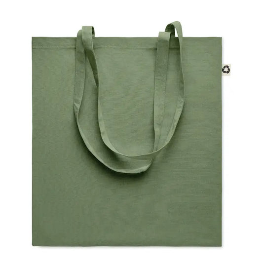 Geanta de cumparaturi din bumbac reciclat olive verde cu manere asortate si eticheta mica reciclata