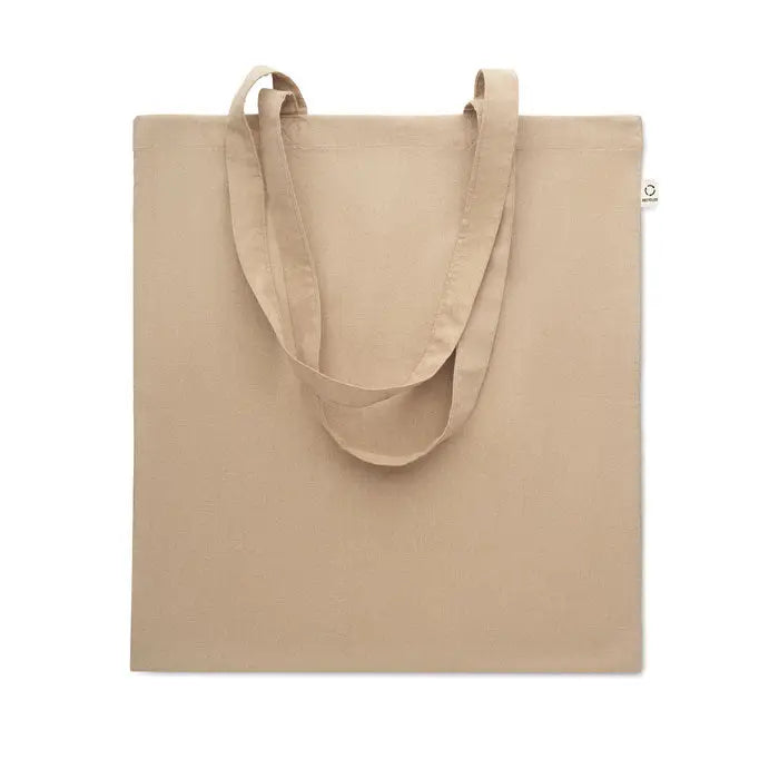 Geanta de cumparaturi din bumbac reciclat bej cu manere rezistente si design minimalist din panza