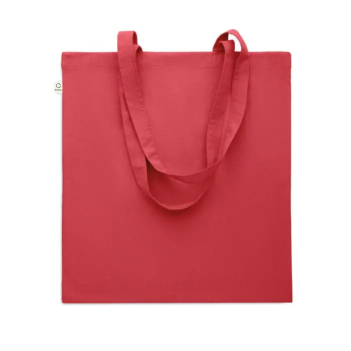 Geanta de cumparaturi din bumbac reciclat rosie cu manere din material textil rezistent