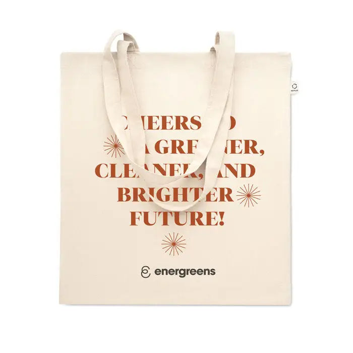 Geanta de cumparaturi din bumbac reciclat crem cu text portocaliu si logo energreens la baza