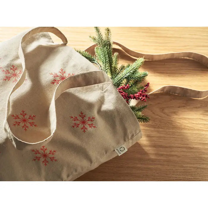 Geanta de cumparaturi din bumbac reciclat bej cu broderie rosie de fulg de nea