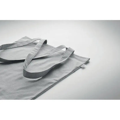 Geanta de cumparaturi din bumbac reciclat gri minimalist cu manere rezistente si eticheta brand subtila