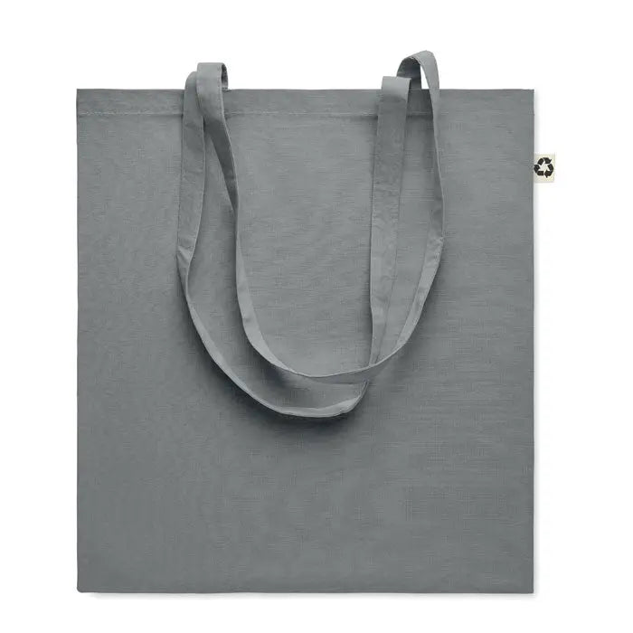 Geanta de cumparaturi din bumbac reciclat gri minimalista cu manere rezistente si eticheta cu simbol reciclare