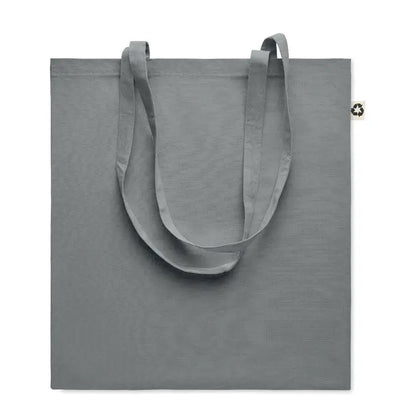Geanta de cumparaturi din bumbac reciclat gri minimalista cu manere rezistente si eticheta cu simbol reciclare