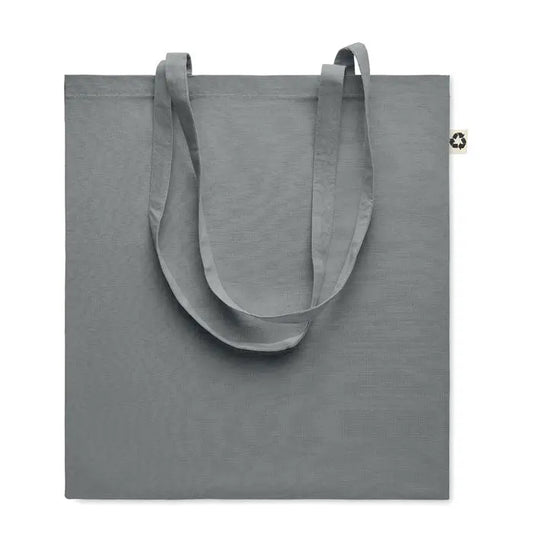 Geanta de cumparaturi din bumbac reciclat gri minimalista cu manere rezistente si eticheta cu simbol reciclare