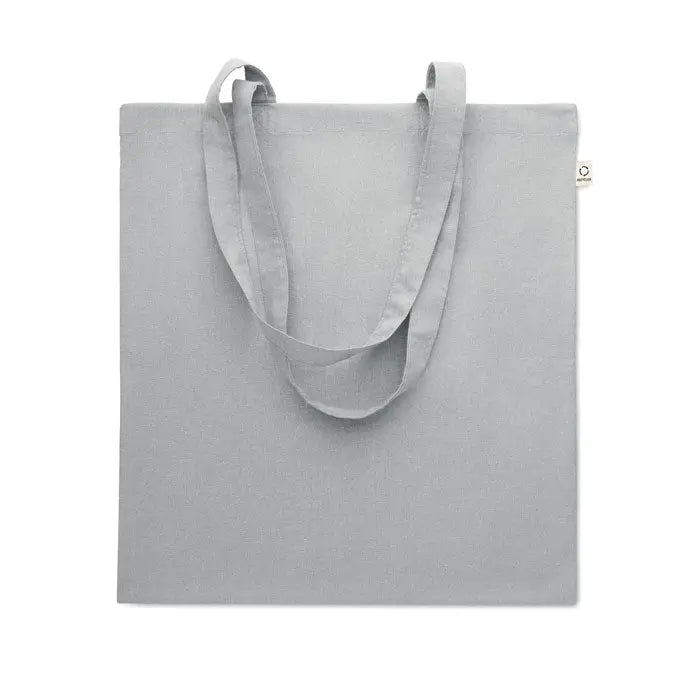 Geanta de cumparaturi din bumbac reciclat gri deschis minimalist cu manere rezistente si eticheta mica de brand