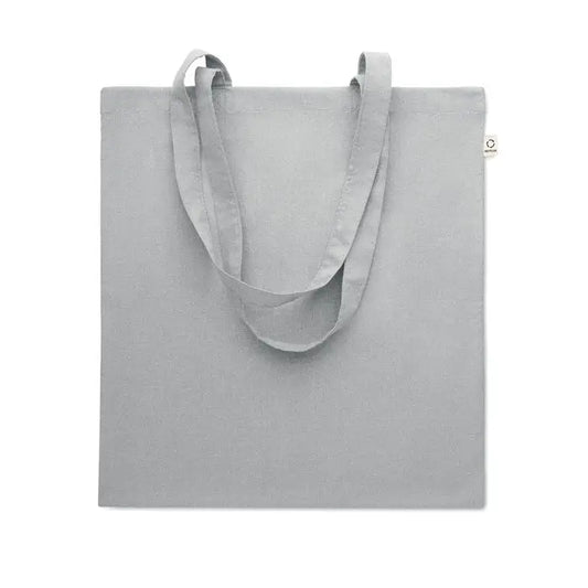 Geanta de cumparaturi din bumbac reciclat gri deschis minimalist cu manere rezistente si eticheta mica de brand