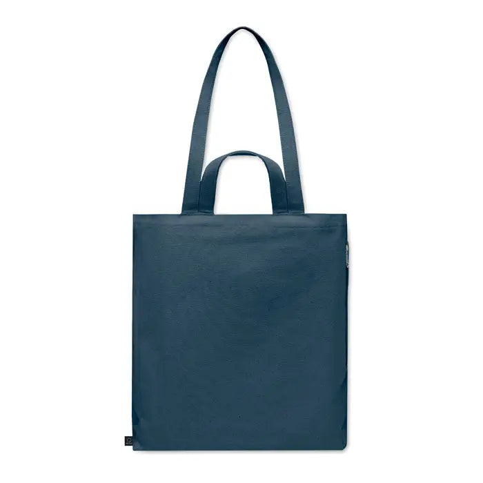Geanta de cumparaturi din bumbac reciclat in nuanta bleumarin cu design minimalist si manere rezistente