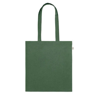 Geanta de cumparaturi din bumbac reciclat verde inchis cu doua manere si eticheta alba mica pe lateral