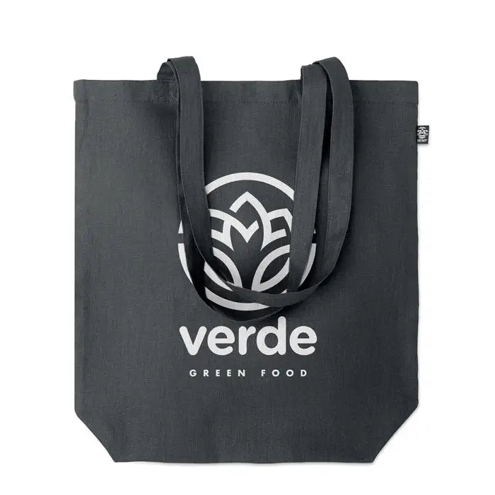 Geanta de cumparaturi din canepa 200 gr/m², culoare gri inchis, logo alb verde green food, material canvas