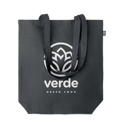 Geanta de cumparaturi din canepa 200 gr/m², culoare gri inchis, logo alb verde green food, material canvas