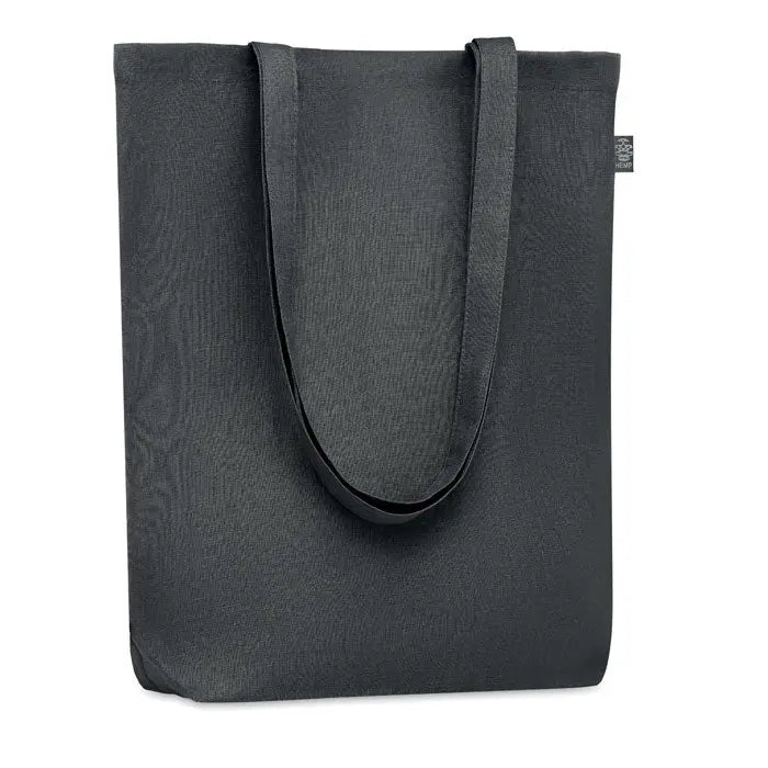 Geanta de cumparaturi din canepa 200 gr/m² neagra cu manere rezistente si eticheta mica de brand pe partea din fata