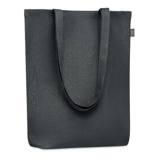 Geanta de cumparaturi din canepa 200 gr/m² neagra cu manere rezistente si eticheta mica de brand pe partea din fata