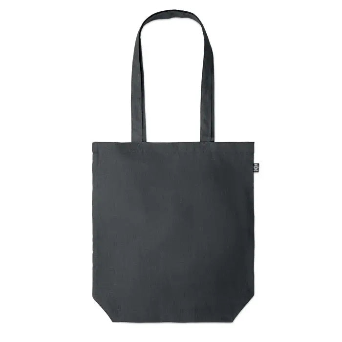 Geanta de cumparaturi din canepa 200 gr/m² neagra cu doua manere rezistente si eticheta mica pe lateral