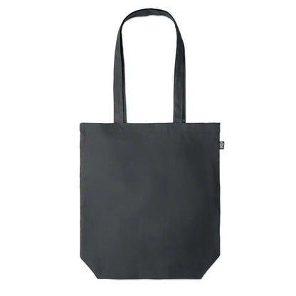 Geanta de cumparaturi din canepa 200 gr/m² neagra cu doua manere rezistente si eticheta mica pe lateral