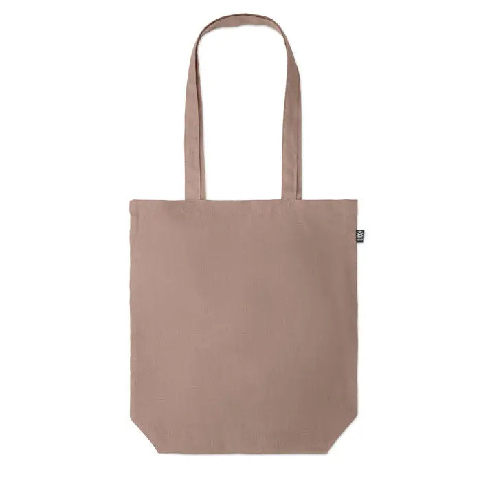 Geanta de cumparaturi din canepa 200 gr m² bej minimalist cu manere rezistente si eticheta neagra mica pe lateral