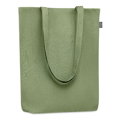 Geanta de cumparaturi din canepa 200 gr/m² olive verde cu manere rezistente si eticheta neagra mica pe laterala
