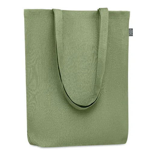 Geanta de cumparaturi din canepa 200 gr/m² olive verde cu manere rezistente si eticheta neagra mica pe laterala