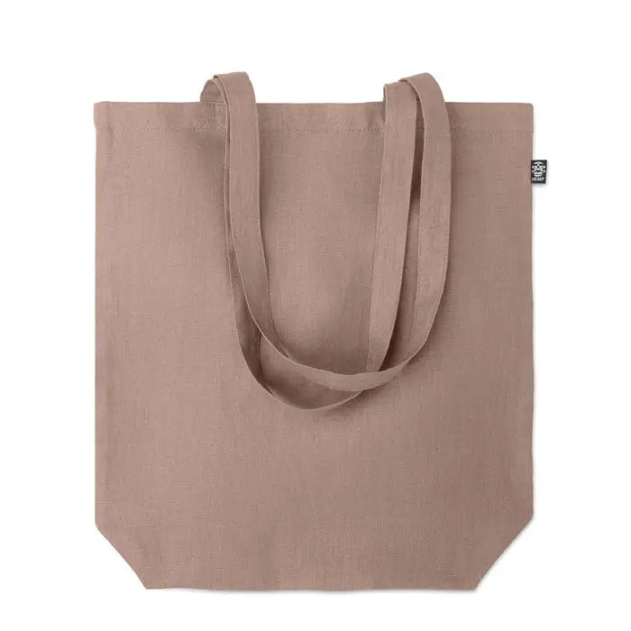Geanta de cumparaturi din canepa 200 gr/m² taupe cu manere solide si eticheta neagra mica in colt