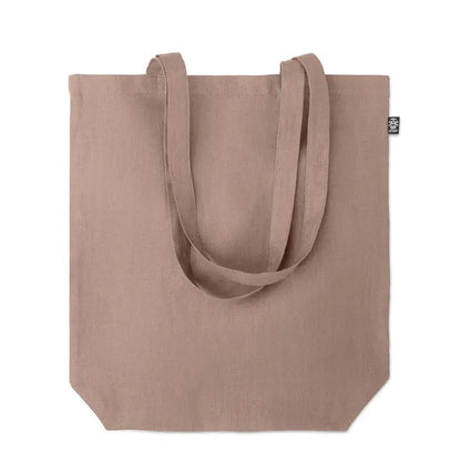 Geanta de cumparaturi din canepa 200 gr/m² taupe cu manere solide si eticheta neagra mica in colt